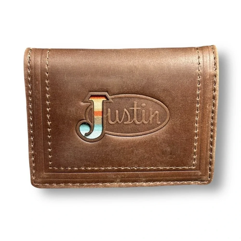New Justin Brown Leather Card‎ Wallet RFID Bifold Logo Embossed Western Rodeo